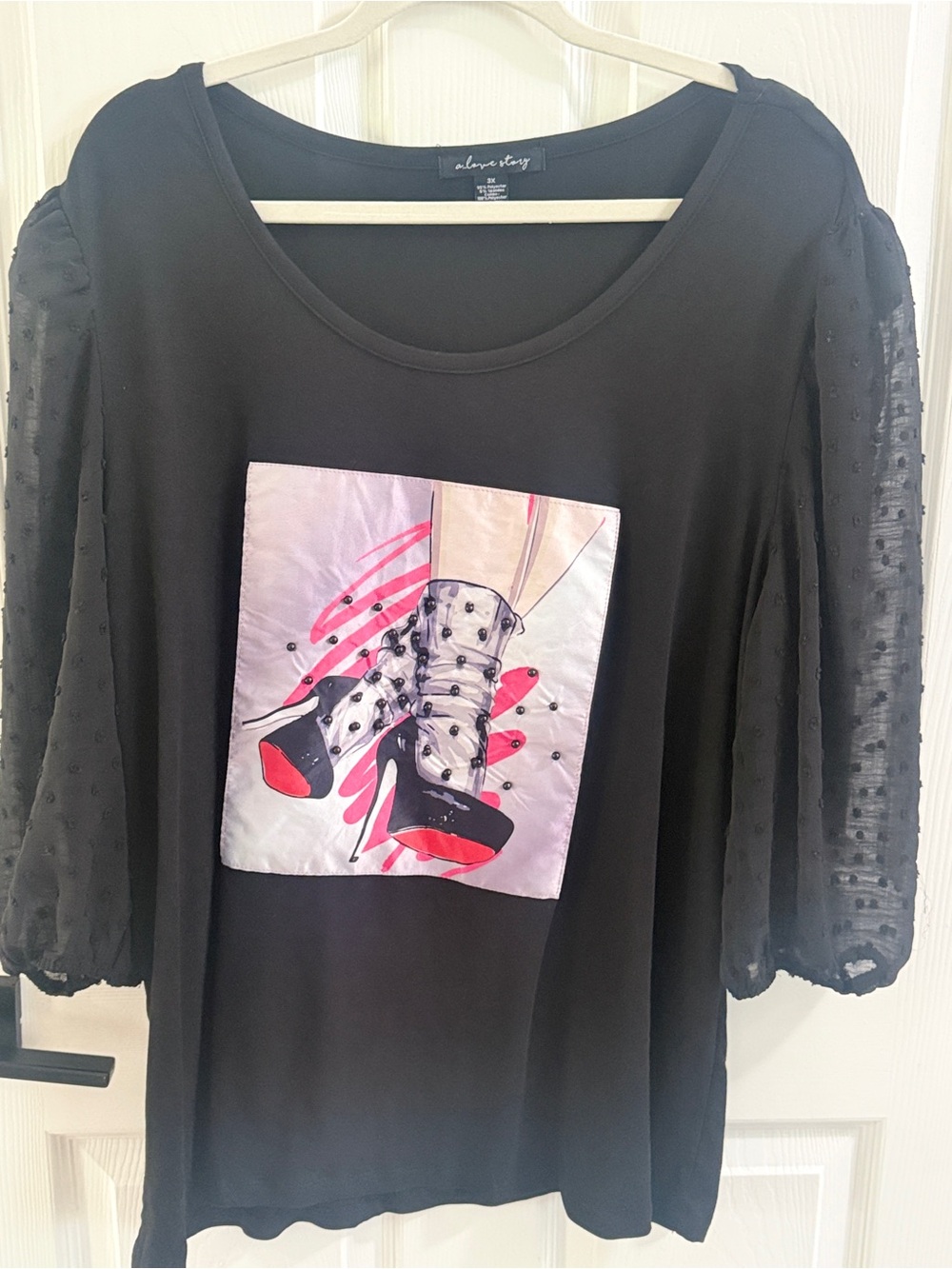 A Love Story Black Top 3X Satin Boot Graphic Sheer Dot Sleeves